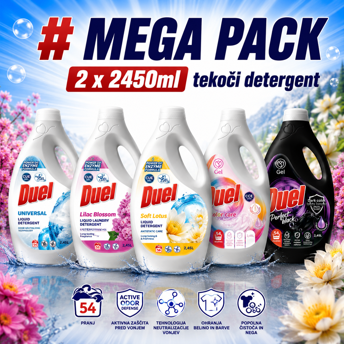MEGA PACK tekočih detergentov Duel 2 × 2,45 l – 108 pranj