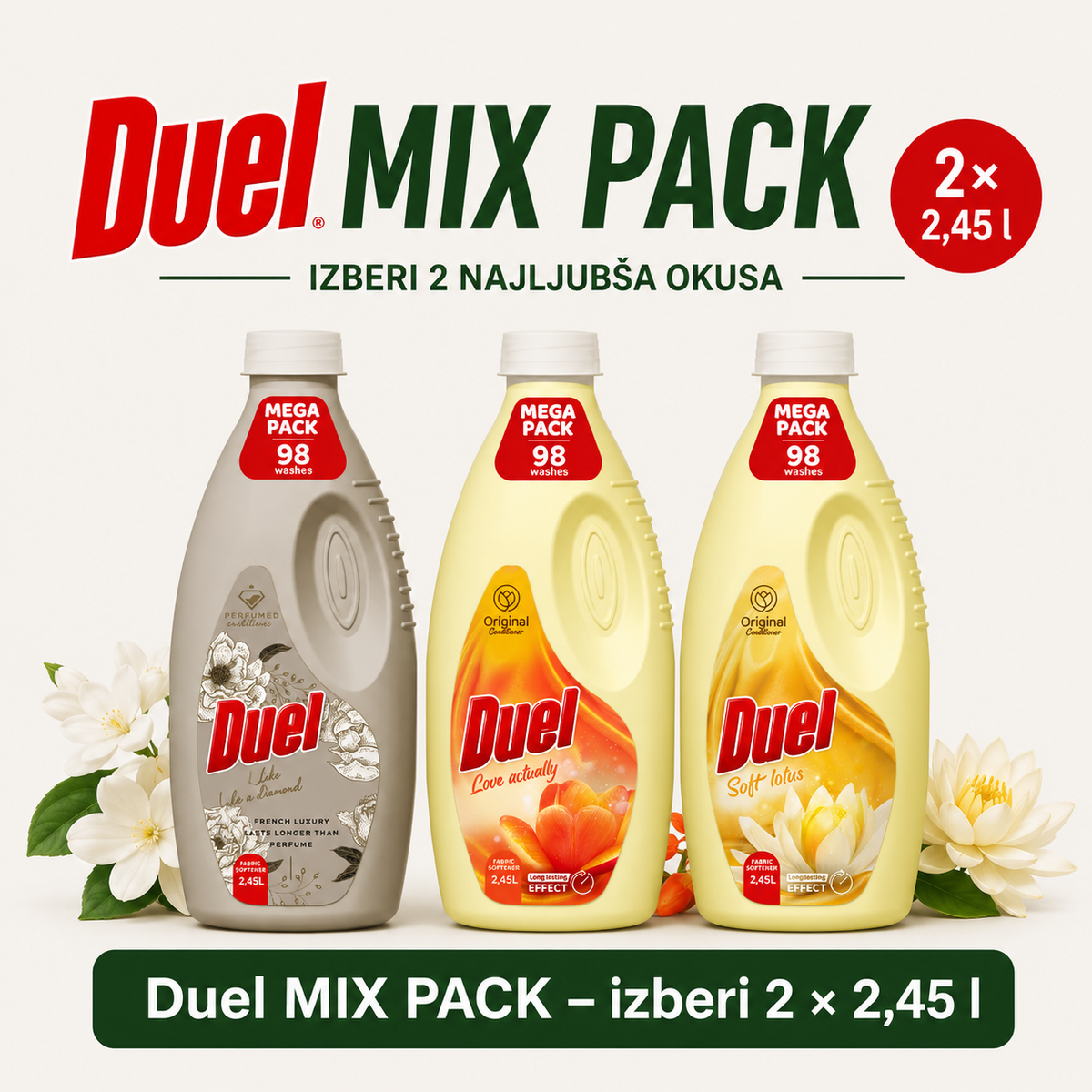 Duel MIX PACK – 2 × 2,45 l mehčalca po izbiri, do 98 pranj na plastenko