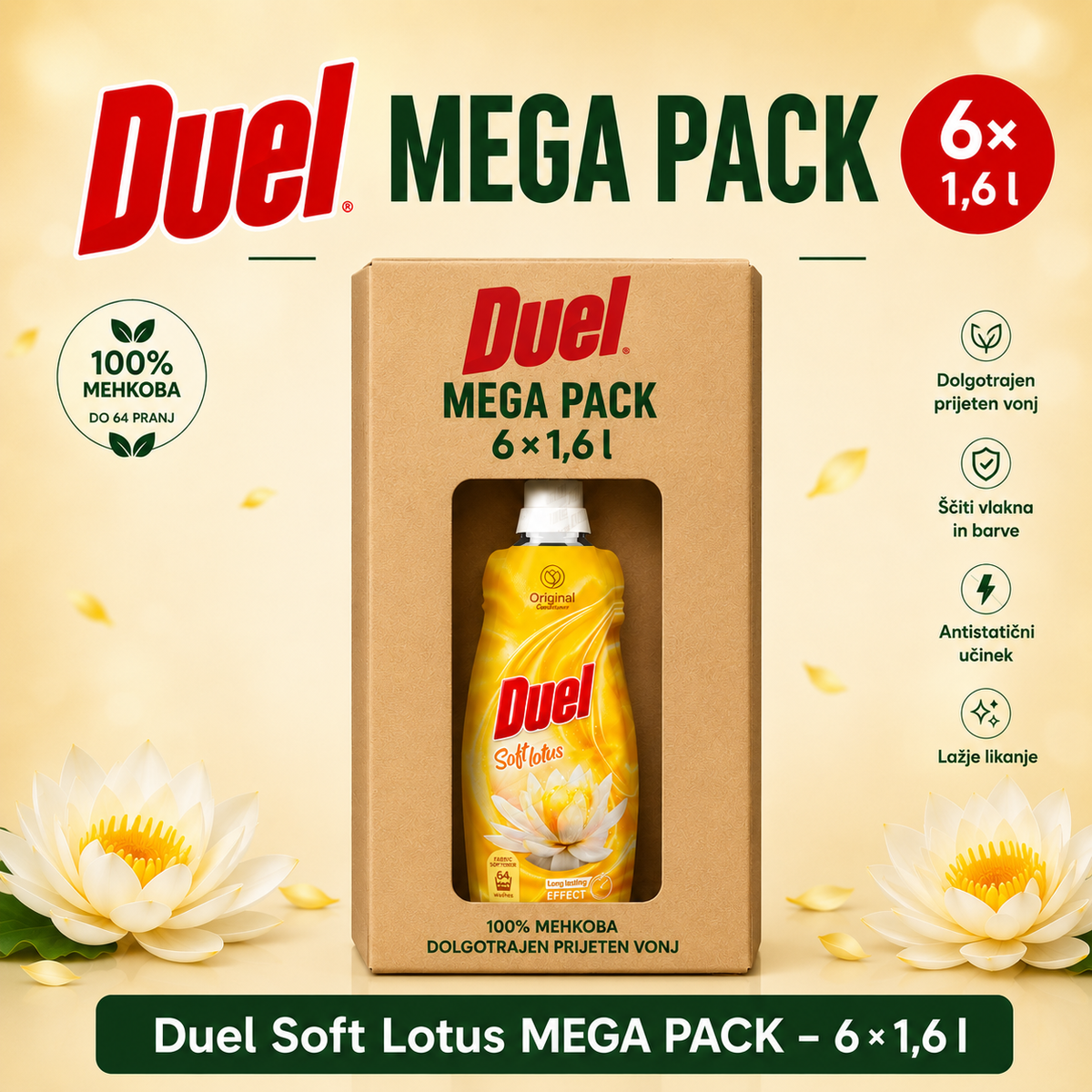 Duel Soft Lotus MEGA PACK – 6 × 1,6 l, do 64 pranj na plastenko